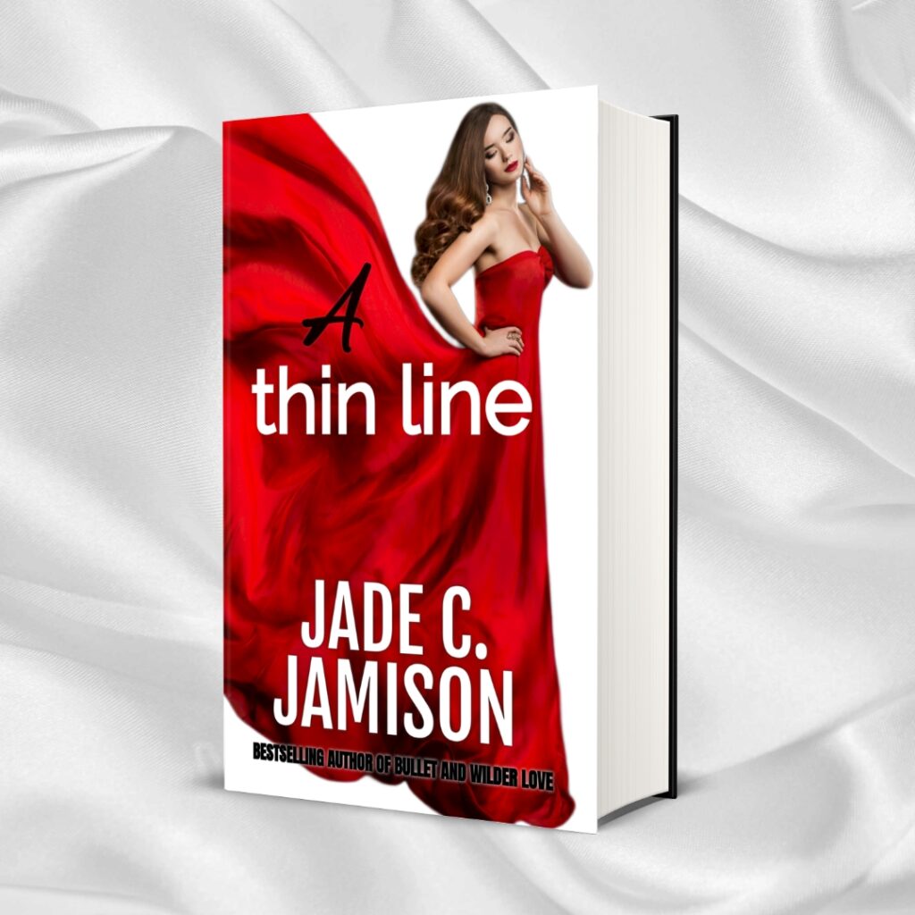 3D image of the book A Thin Line on a billowy white satin background
